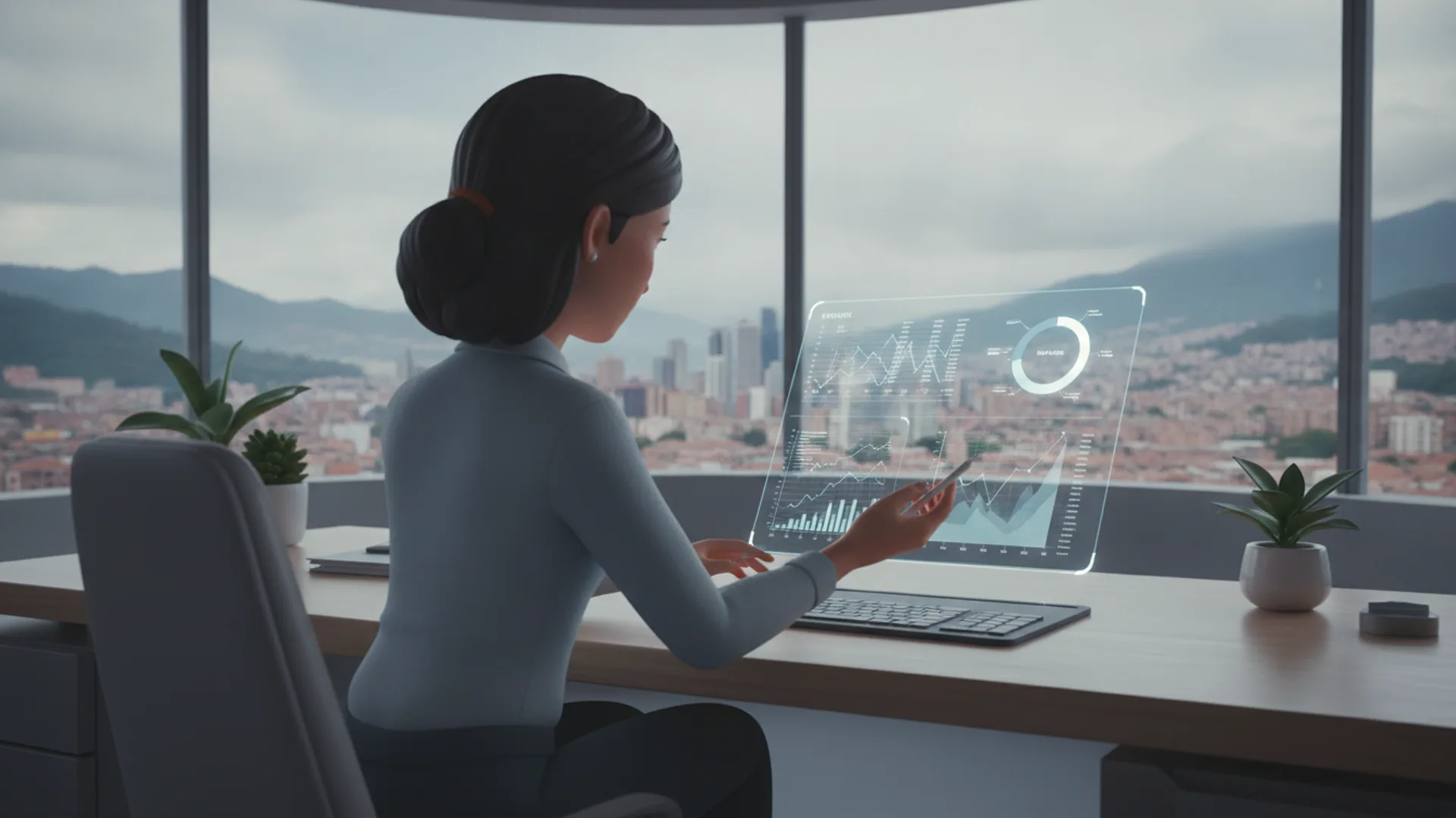 Asesor financiero en una reunión con cliente en oficina moderna con vista al valle.