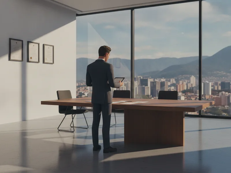 Profesional revisando documentos en una oficina moderna con vista al paisaje urbano.