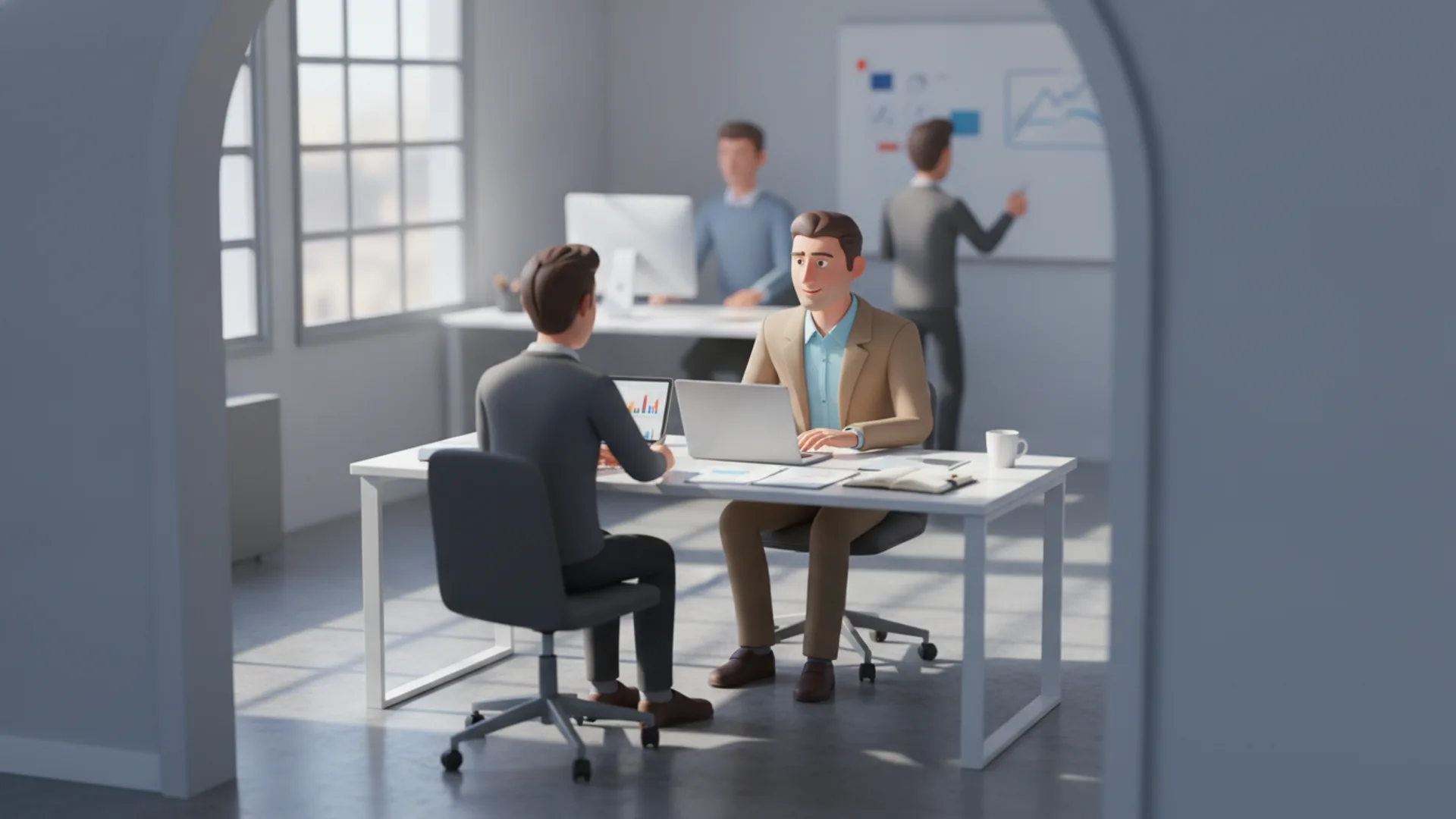 Asesor financiero conversando con cliente en oficina moderna junto a documentos y laptop.