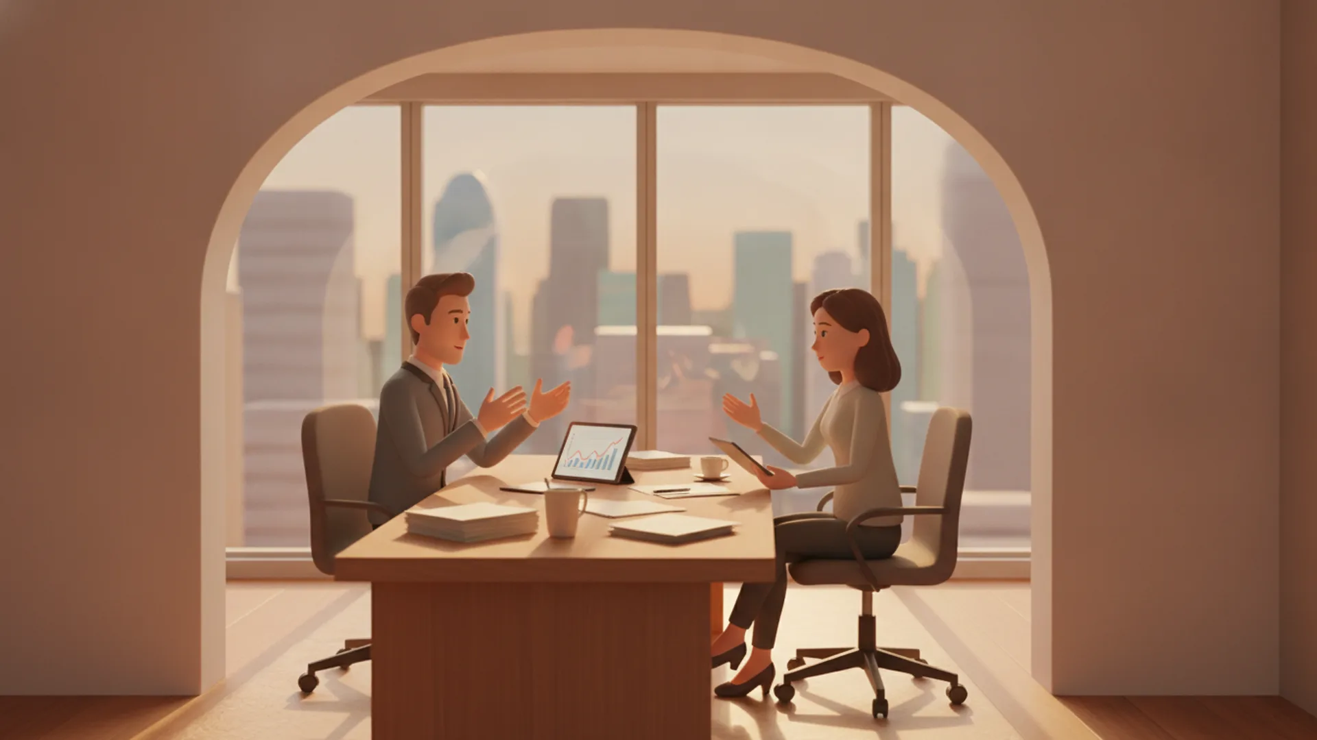 Asesor financiero conversando con cliente en oficina moderna durante consulta sobre seguros de arriendo.