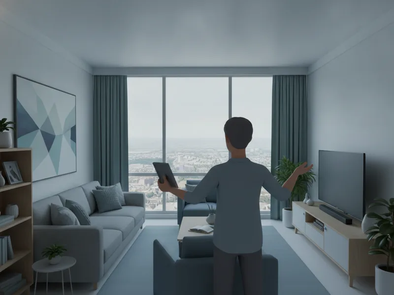 Inquilino observando su apartamento amueblado con vista a la ciudad, considerando qué proteger.